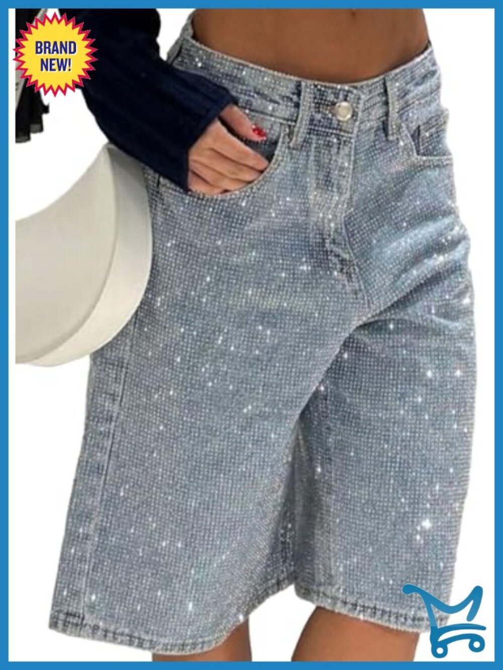 High Waisted Rhinestone Pearl Beaded Denim Cargo Shorts Baggy Loose Fit